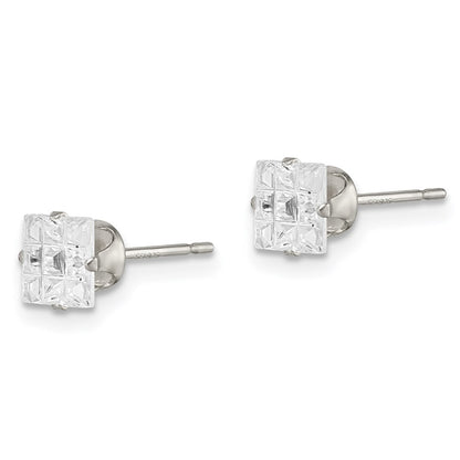 Sterling Silver 5mm Square Snap Set Laser-Cut Cz Stud Earrings