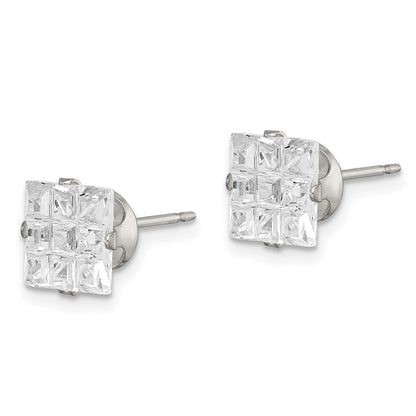 Sterling Silver 7mm Square Snap Set Laser-Cut Cz Stud Earrings