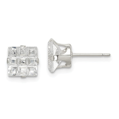 Sterling Silver 7mm Square Snap Set Laser-Cut Cz Stud Earrings