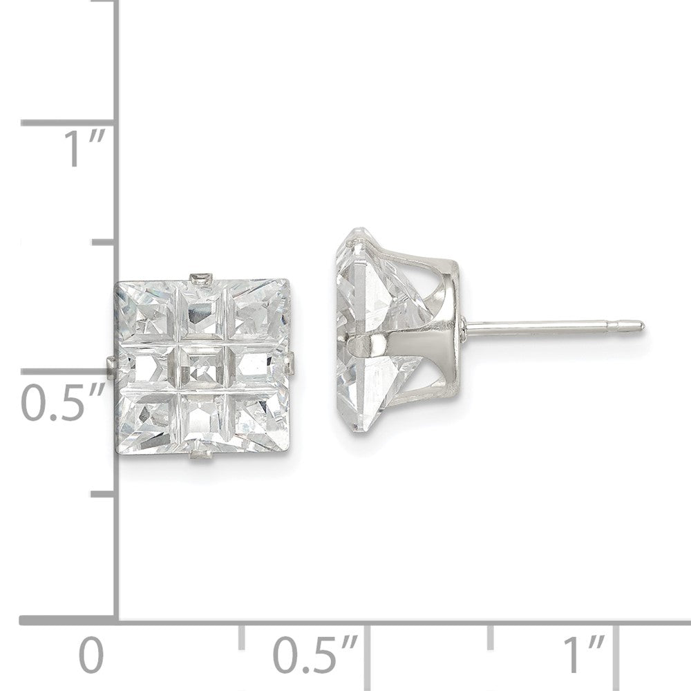 Sterling Silver 9mm Square Snap Set Laser-Cut Cz Stud Earrings