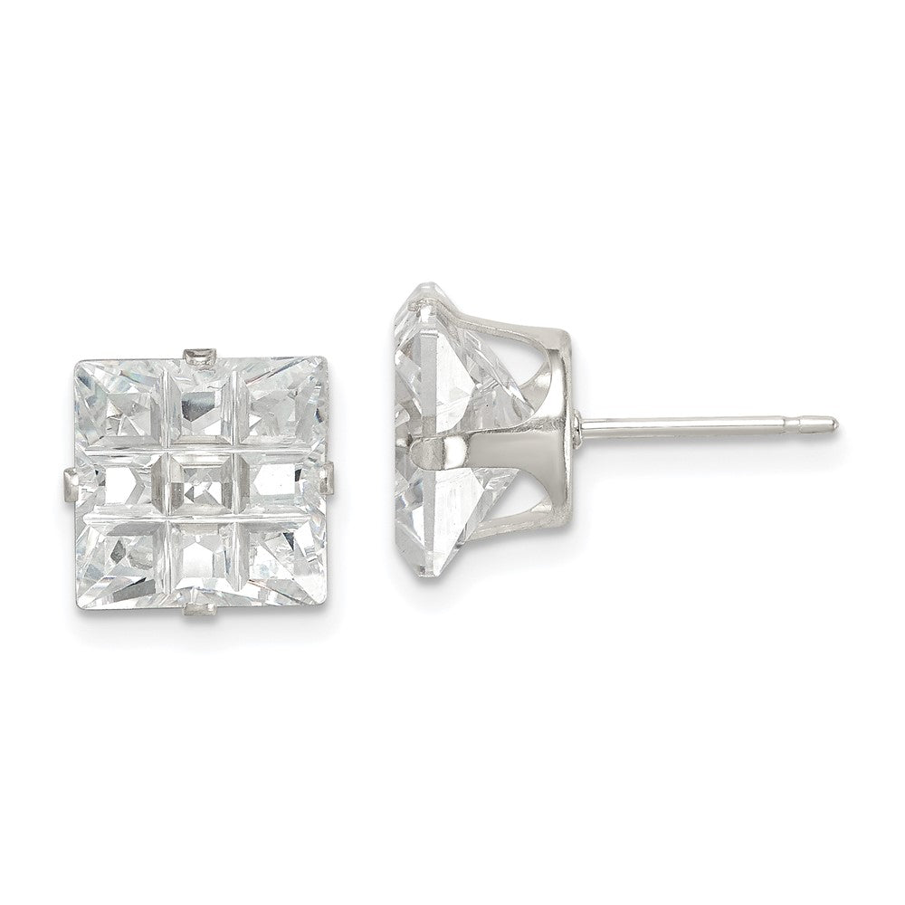 Sterling Silver 9mm Square Snap Set Laser-Cut Cz Stud Earrings