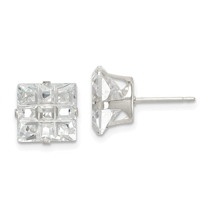 Sterling Silver 9mm Square Snap Set Laser-Cut Cz Stud Earrings