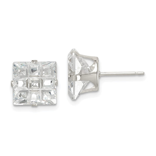 Sterling Silver 9mm Square Snap Set Laser-Cut Cz Stud Earrings