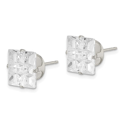 Sterling Silver 10mm Square Snap Set Laser-Cut Cz Stud Earrings