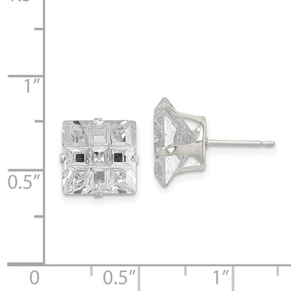 Sterling Silver 10mm Square Snap Set Laser-Cut Cz Stud Earrings