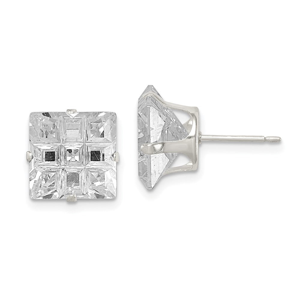 Sterling Silver 10mm Square Snap Set Laser-Cut Cz Stud Earrings