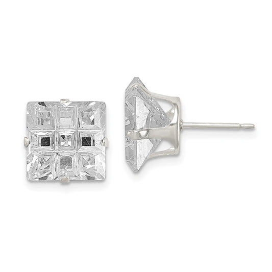 Sterling Silver 10mm Square Snap Set Laser-Cut Cz Stud Earrings