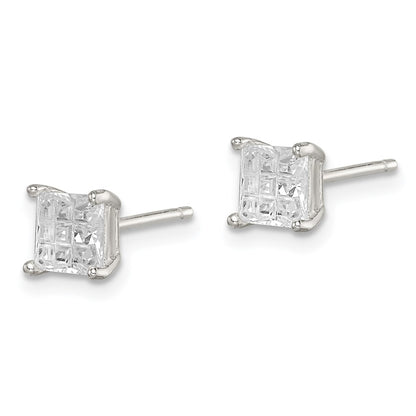 Sterling Silver 5mm Square Laser-Cut Cz Basket Set Stud Earrings