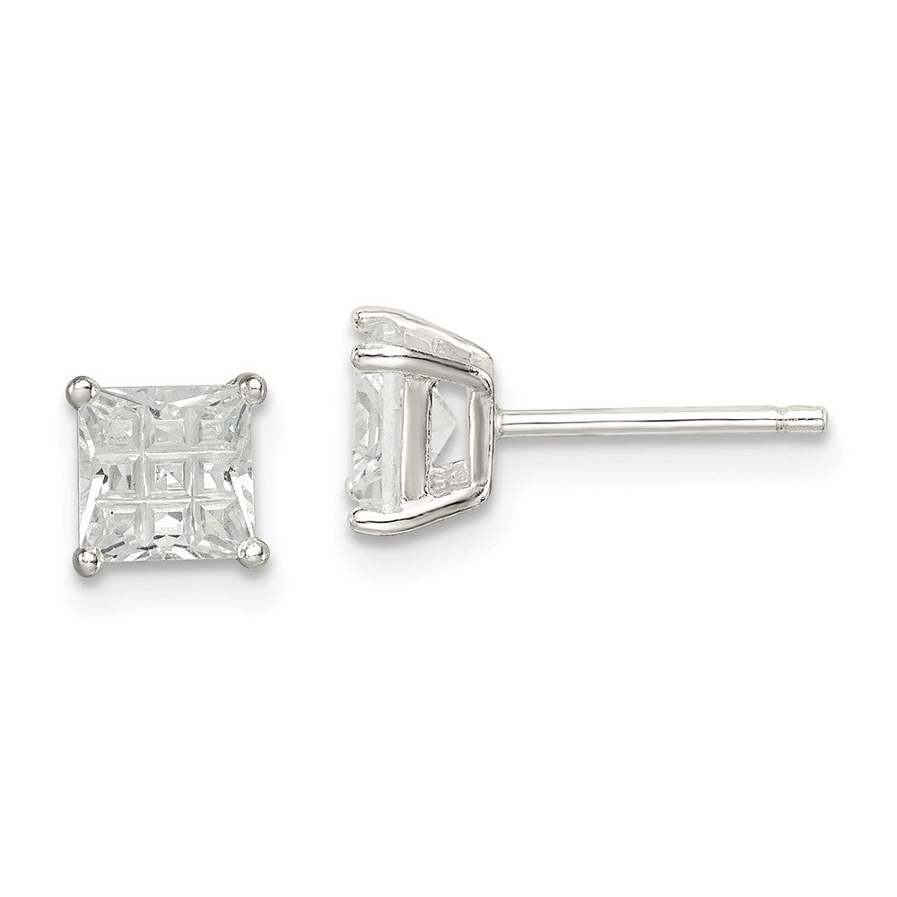 Sterling Silver 5mm Square Laser-Cut Cz Basket Set Stud Earrings