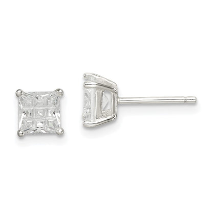 Sterling Silver 5mm Square Laser-Cut Cz Basket Set Stud Earrings