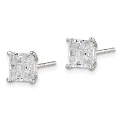 Sterling Silver 6mm Square Laser-Cut Cz Basket Set Stud Earrings