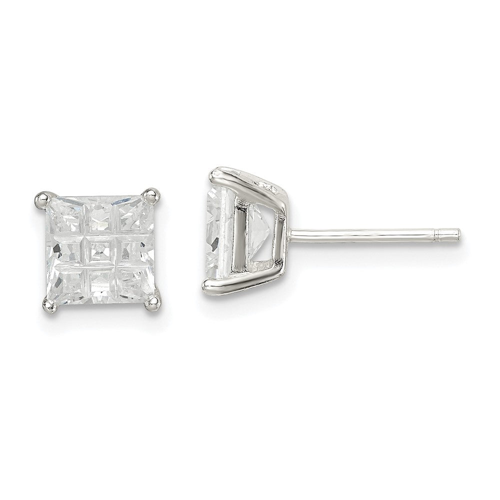 Sterling Silver 6mm Square Laser-Cut Cz Basket Set Stud Earrings