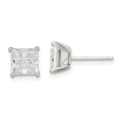 Sterling Silver 6mm Square Laser-Cut Cz Basket Set Stud Earrings