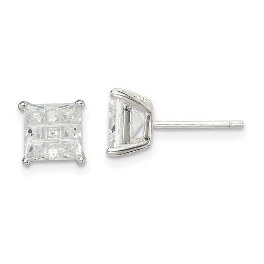 Sterling Silver 6mm Square Laser-Cut Cz Basket Set Stud Earrings