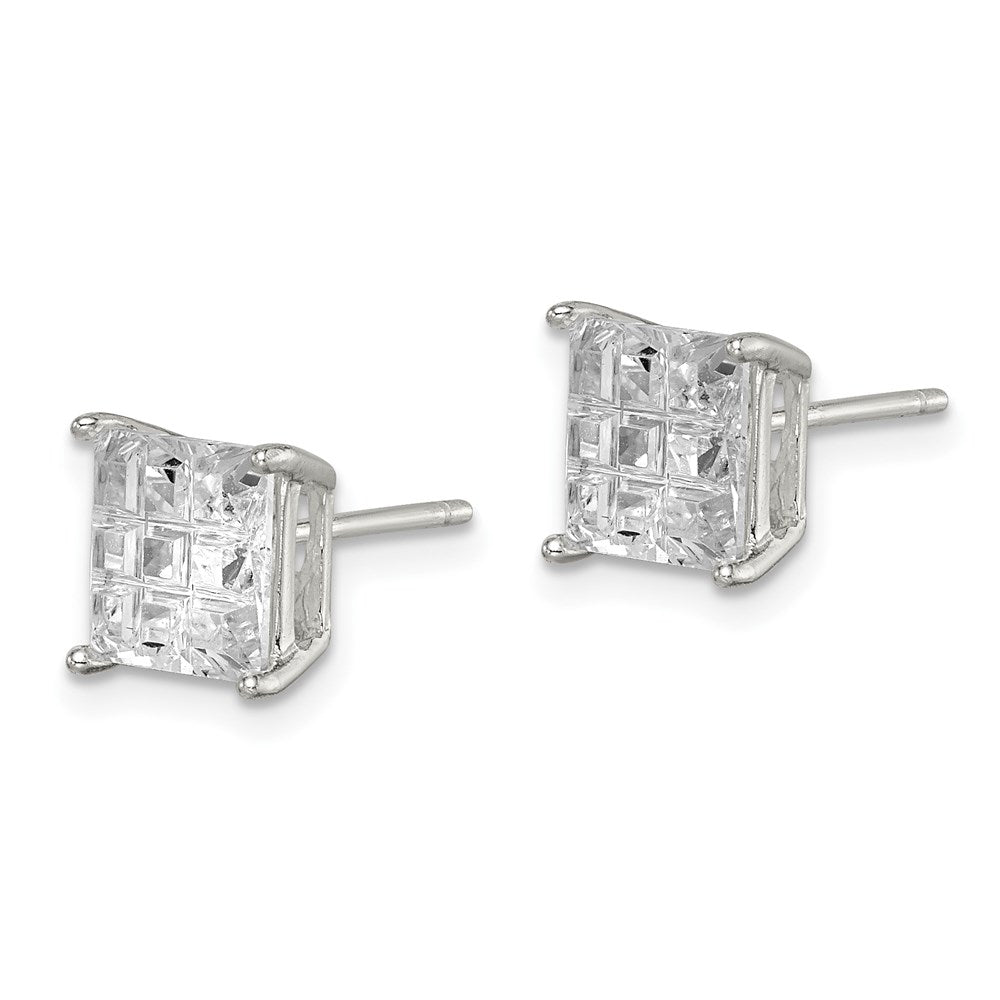 Sterling Silver 7mm Square Laser-Cut Cz Basket Set Stud Earrings