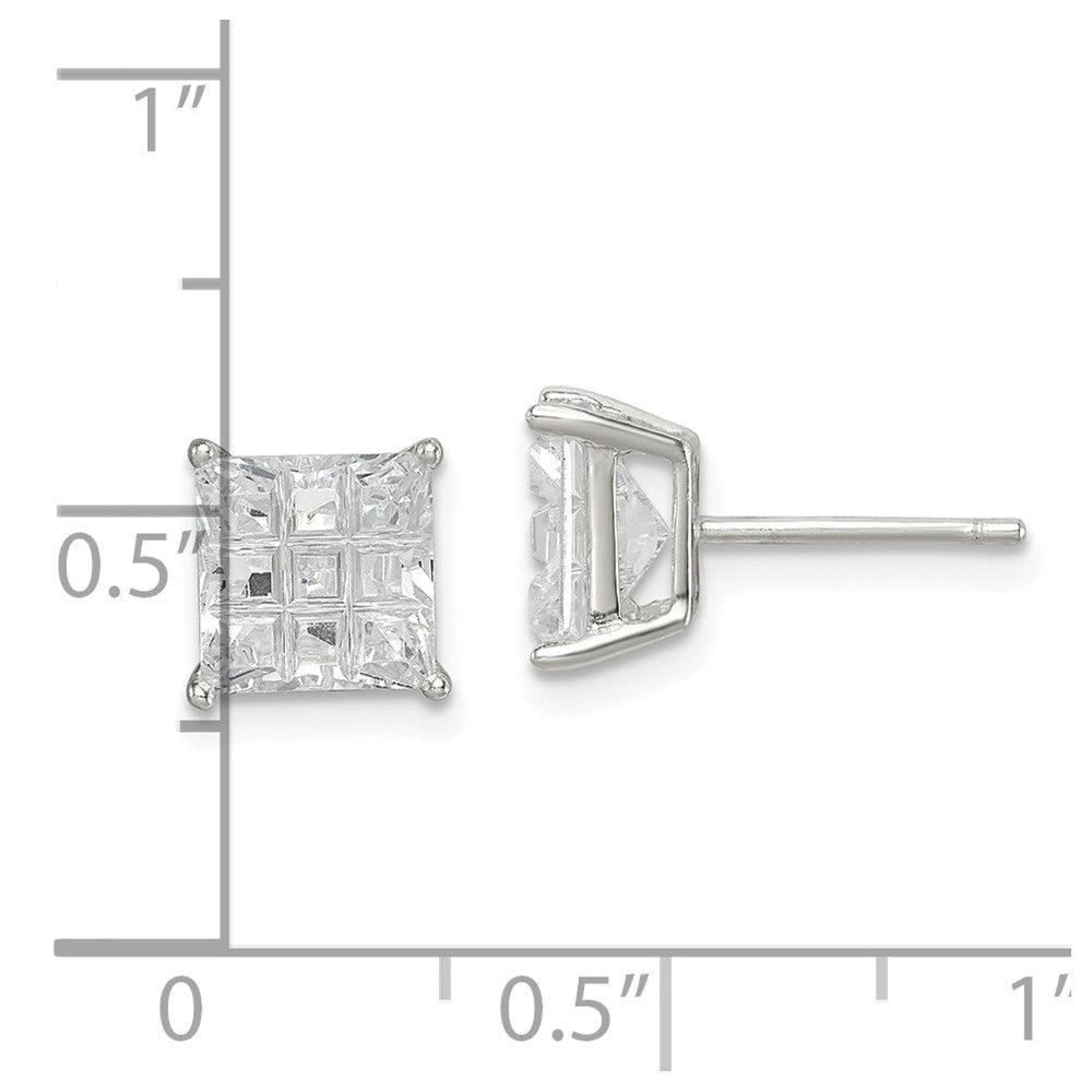 Sterling Silver 7mm Square Laser-Cut Cz Basket Set Stud Earrings