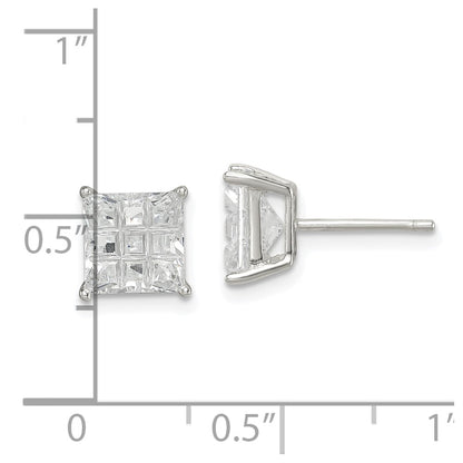 Sterling Silver 7mm Square Laser-Cut Cz Basket Set Stud Earrings