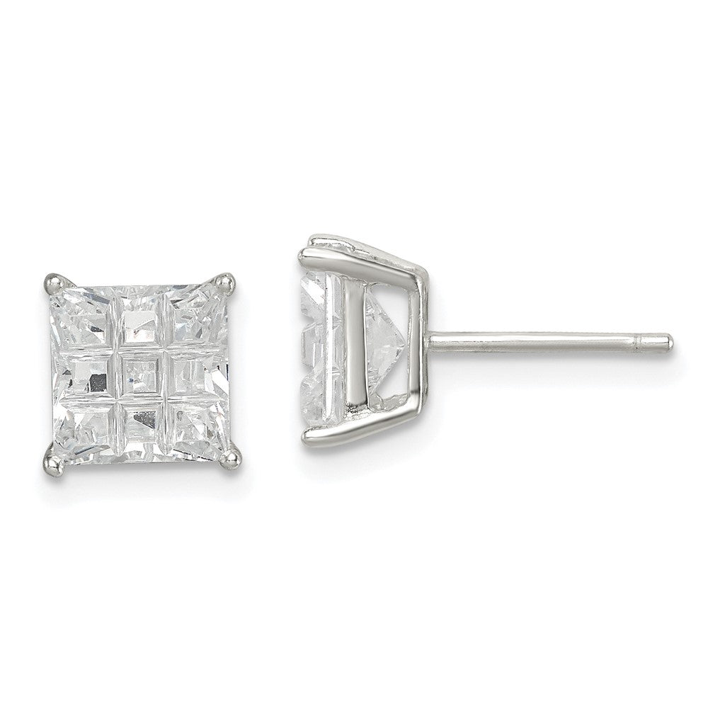 Sterling Silver 7mm Square Laser-Cut Cz Basket Set Stud Earrings