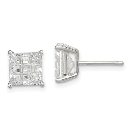 Sterling Silver 7mm Square Laser-Cut Cz Basket Set Stud Earrings