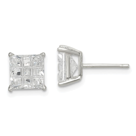 Sterling Silver 7mm Square Laser-Cut Cz Basket Set Stud Earrings