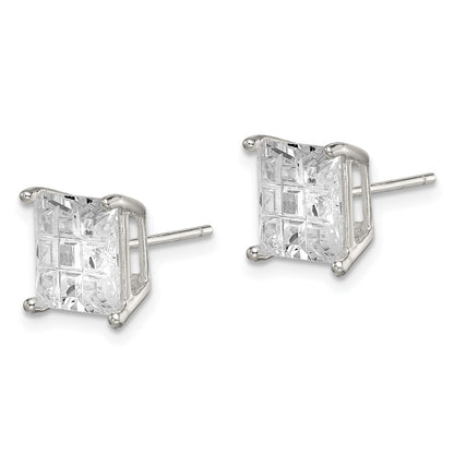 Sterling Silver 8mm Square Laser-Cut Cz Basket Set Stud Earrings