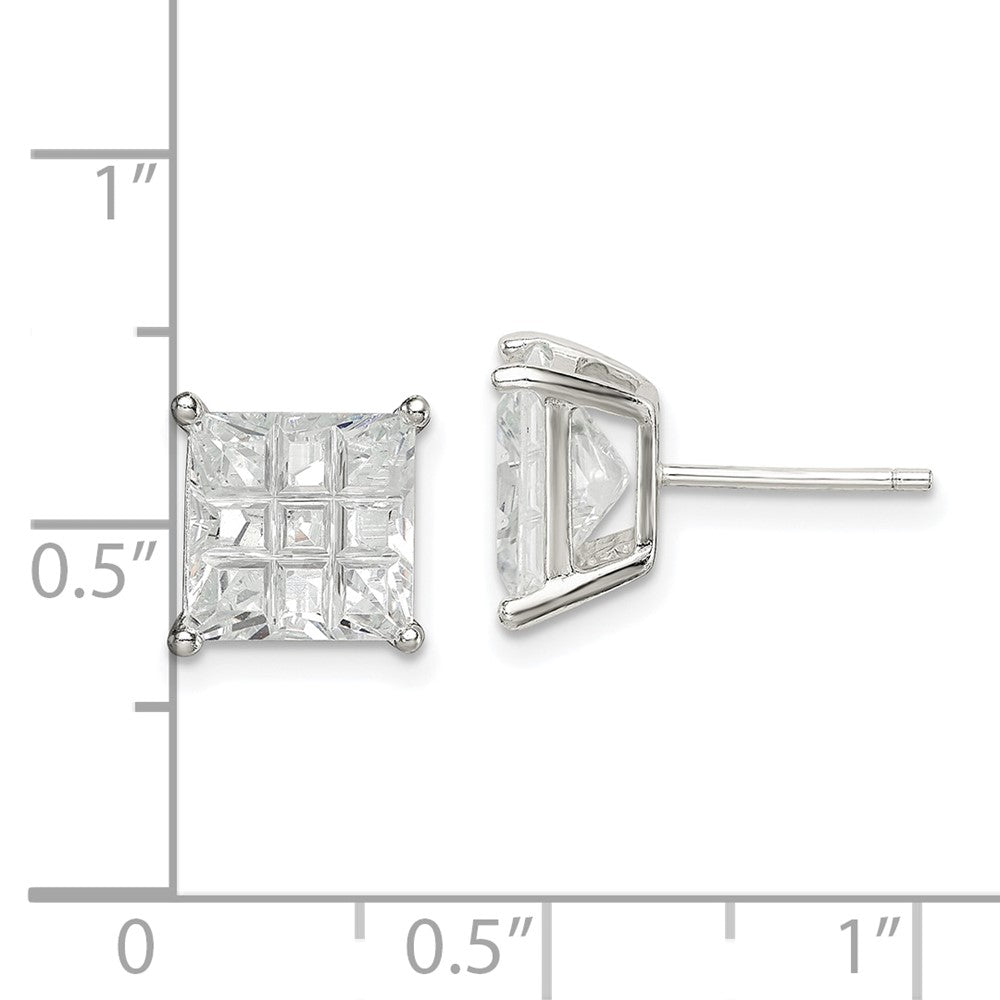 Sterling Silver 8mm Square Laser-Cut Cz Basket Set Stud Earrings