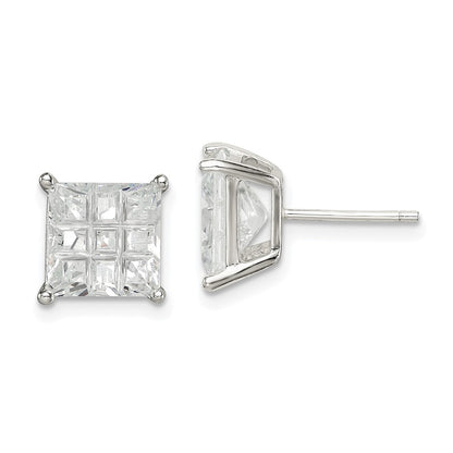 Sterling Silver 8mm Square Laser-Cut Cz Basket Set Stud Earrings