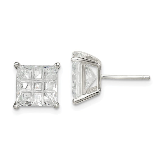 Sterling Silver 8mm Square Laser-Cut Cz Basket Set Stud Earrings