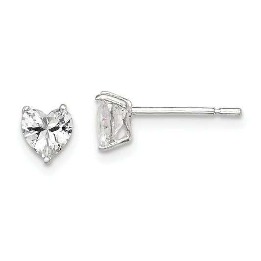 Sterling Silver Polished 5mm Heart 3 Prong Basket Set Cz Stud Earrings