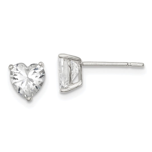 Sterling Silver Polished 6mm Heart 3 Prong Basket Set Cz Stud Earrings