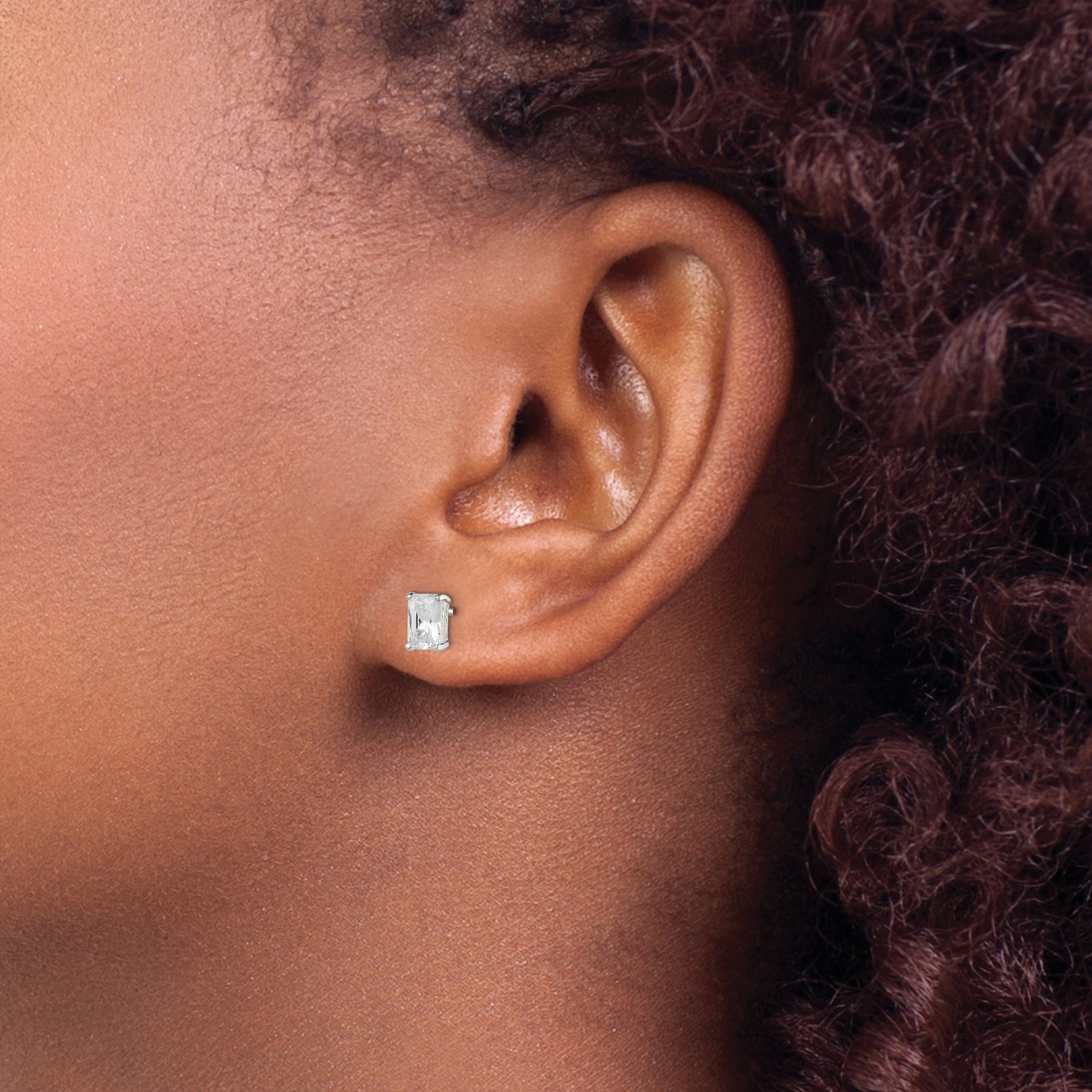 Sterling Silver Polished Emerald-Cut 6X4mm Basket Set Cz Stud Earrings