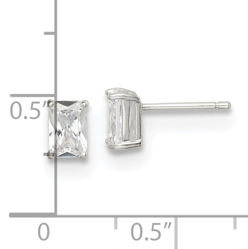 Sterling Silver Polished Emerald-Cut 6X4mm Basket Set Cz Stud Earrings