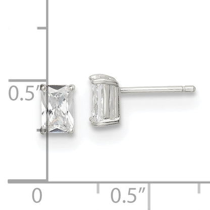 Sterling Silver Polished Emerald-Cut 6X4mm Basket Set Cz Stud Earrings