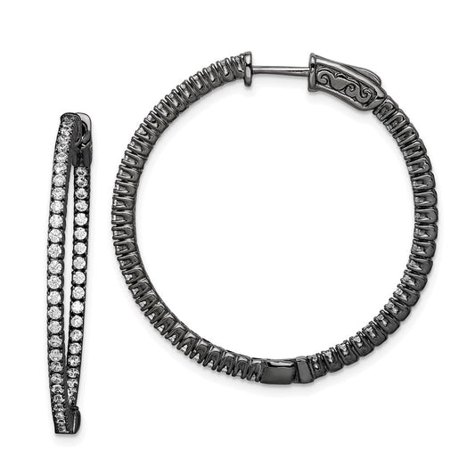 Sterling Silver Shimmer Black Rhodium-Plated 100 Stone 1.3mm Cz In And Out Round Hinged Hoop Earrings