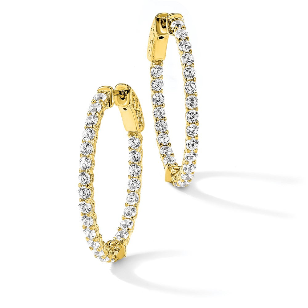 Sterling Silver Shimmer Gold-Tone Flash Gold-Plated 46 Stone 2.25mm Cz In And Out Oval Hinged Hoop Earrings