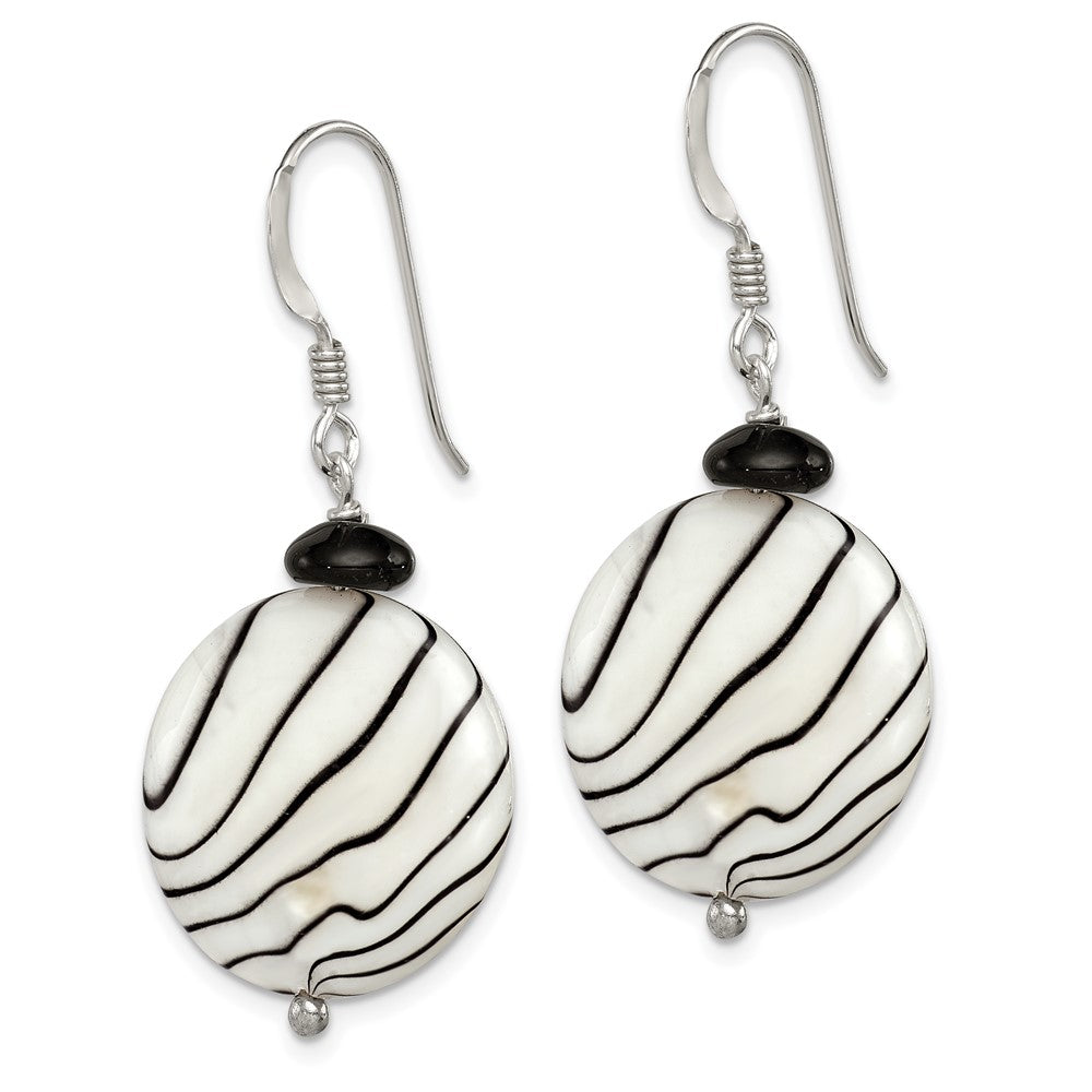 Sterling Silver Polished Black Agate/Zebra Mother Of Pearl Dangle Earrings