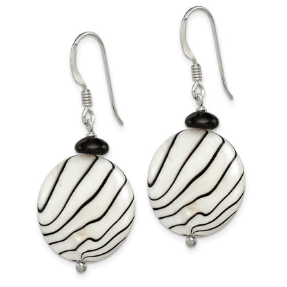 Sterling Silver Polished Black Agate/Zebra Mother Of Pearl Dangle Earrings