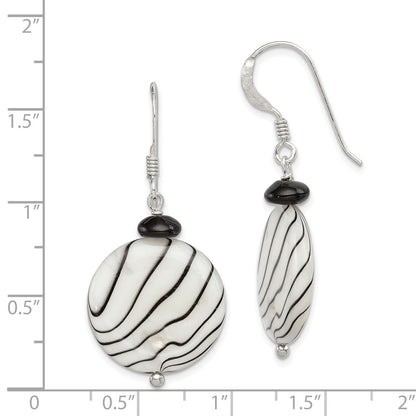 Sterling Silver Polished Black Agate/Zebra Mother Of Pearl Dangle Earrings