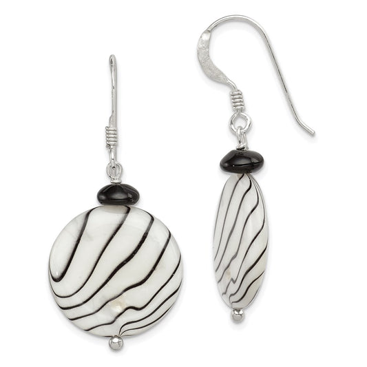 Sterling Silver Polished Black Agate/Zebra Mother Of Pearl Dangle Earrings