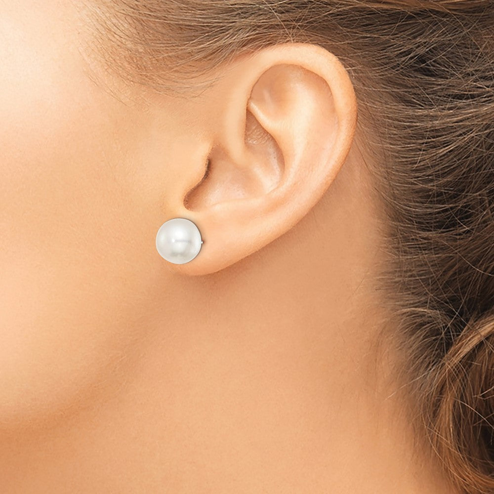Sterling Silver Rh-Plated 11-12mm White Fwc Button Pearl Earrings