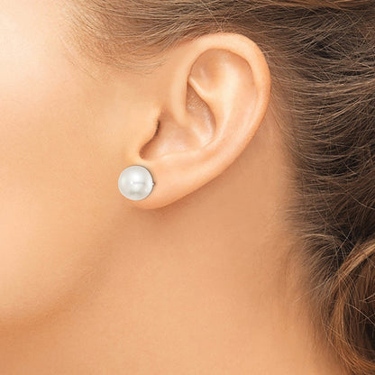 Sterling Silver Rh-Plated 11-12mm White Fwc Button Pearl Earrings