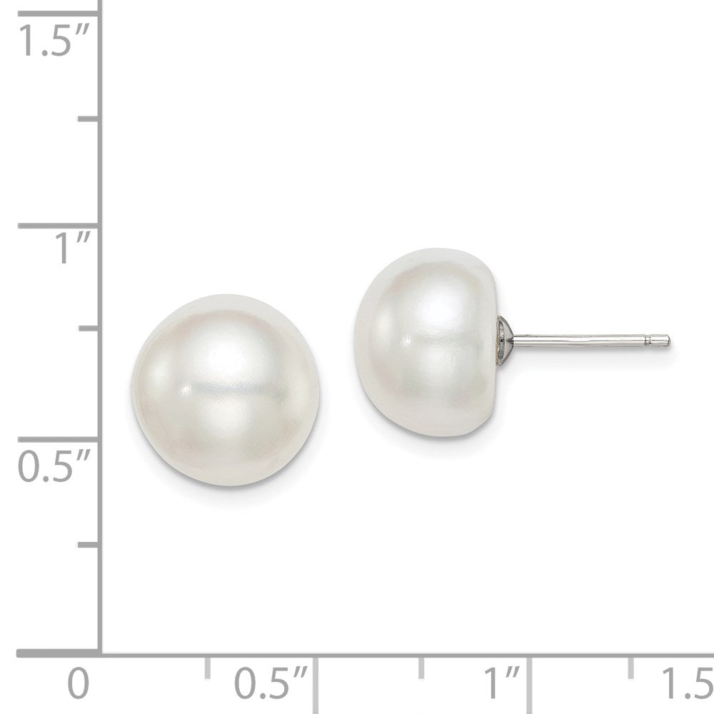 Sterling Silver Rh-Plated 11-12mm White Fwc Button Pearl Earrings