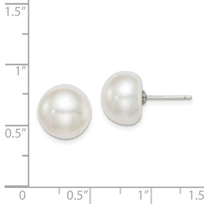 Sterling Silver Rh-Plated 11-12mm White Fwc Button Pearl Earrings