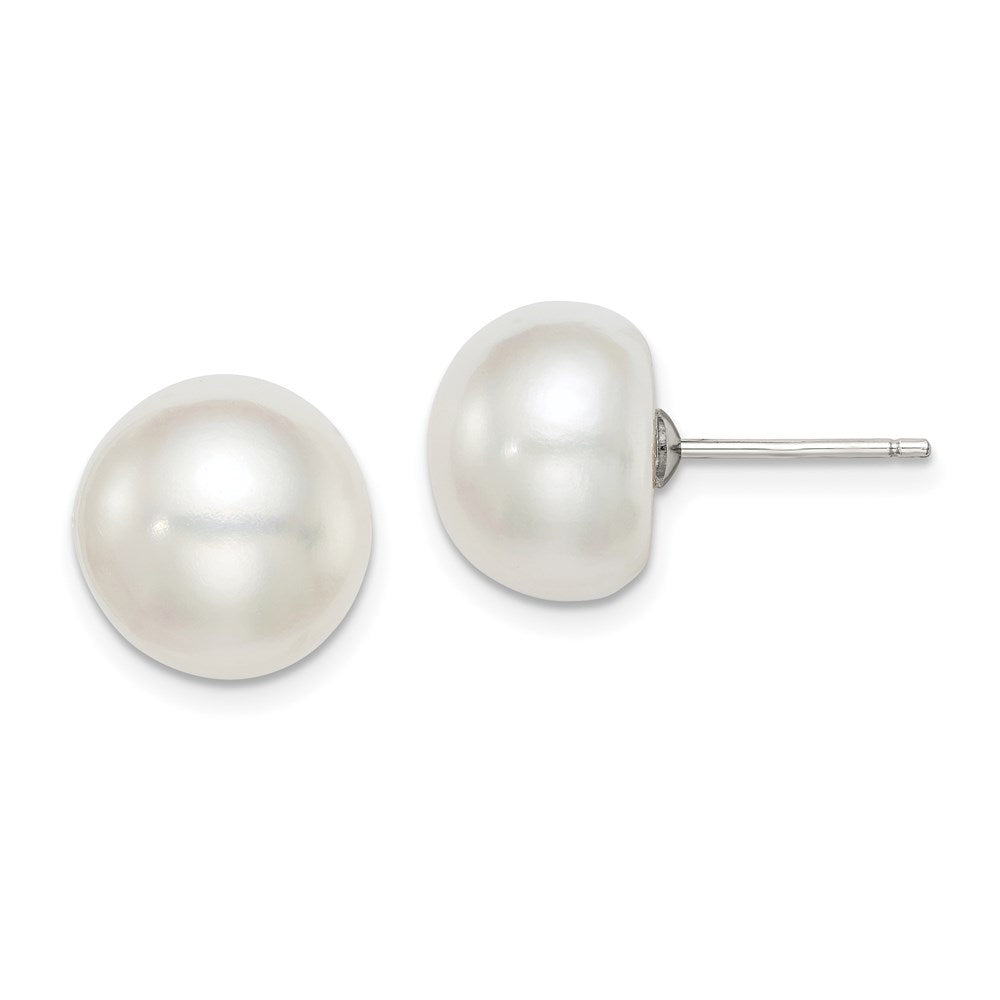 Sterling Silver Rh-Plated 11-12mm White Fwc Button Pearl Earrings