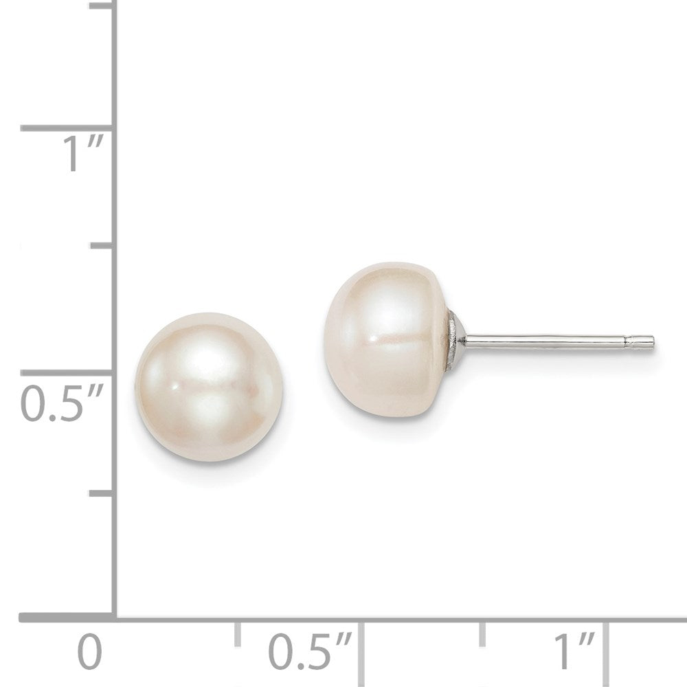 Sterling Silver Rh-Plated 8-9mm White Fw Cultured Button Pearl Stud Earring