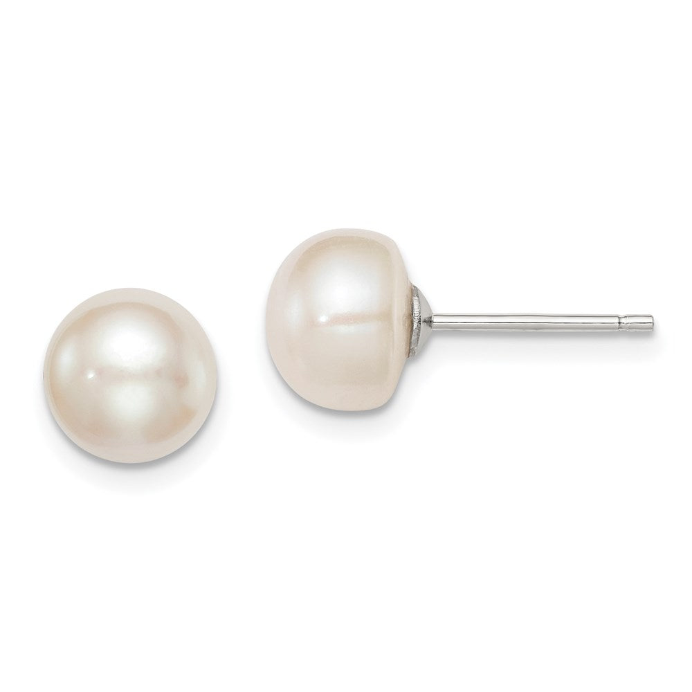 Sterling Silver Rh-Plated 8-9mm White Fw Cultured Button Pearl Stud Earring