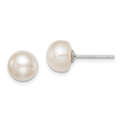 Sterling Silver Rh-Plated 8-9mm White Fw Cultured Button Pearl Stud Earring