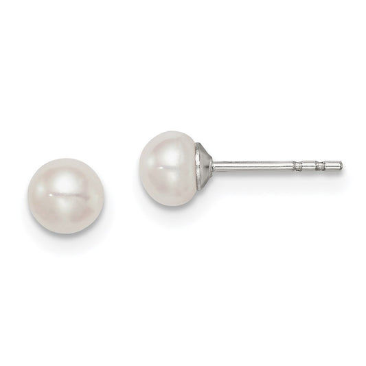 Sterling Silver Rh-Plated 4-5mm White Fw Cultured Button Pearl Stud Earring