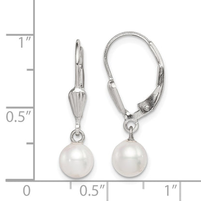 Sterling Silver Rhodium-Plated Polished & Textured White 6-7mm Freshwater Cultured Pearl Leverback Dangle Earrings