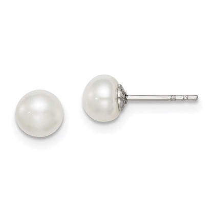 Sterling Silver Rh-Plated 5-6mm White Fw Cultured Button Pearl Stud Earring